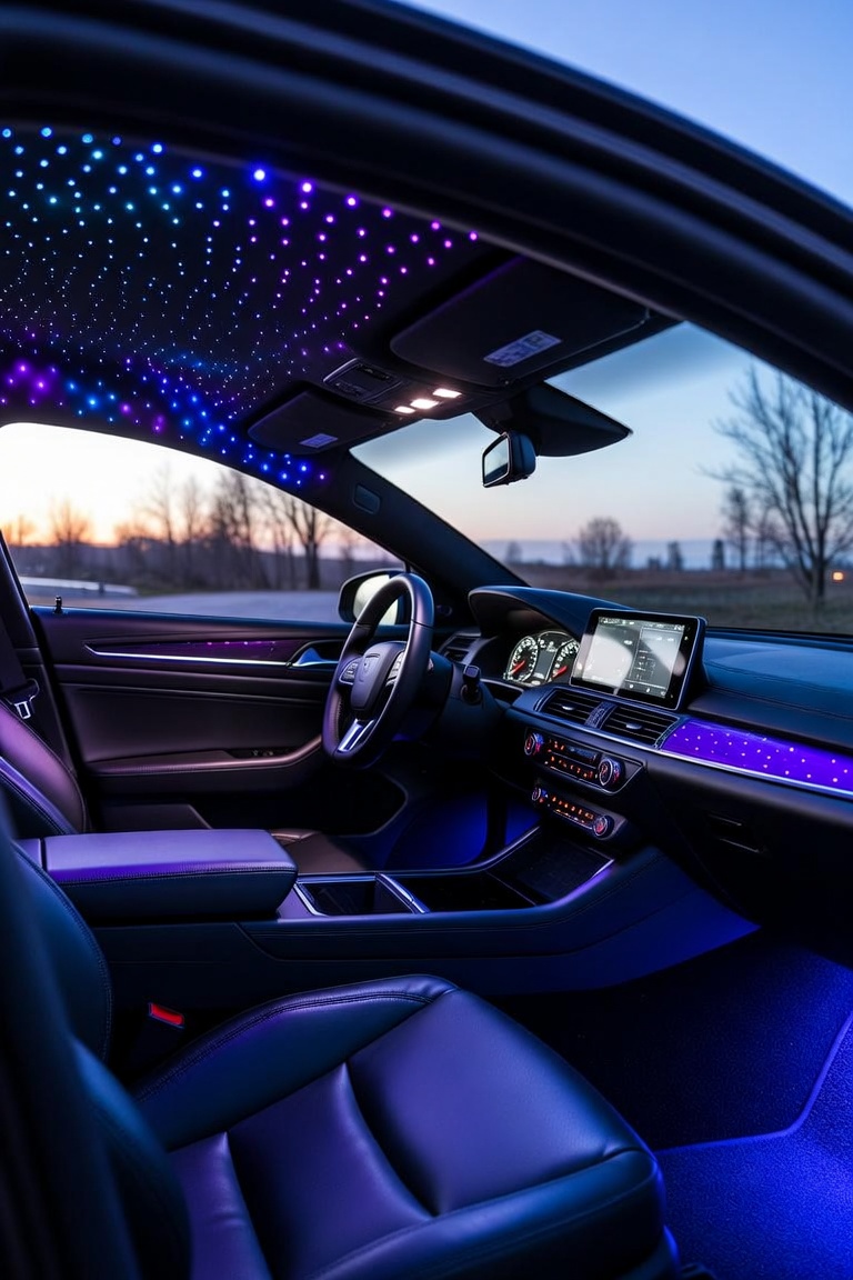 Car interior with purple and blue starlight headliner and ambient trim