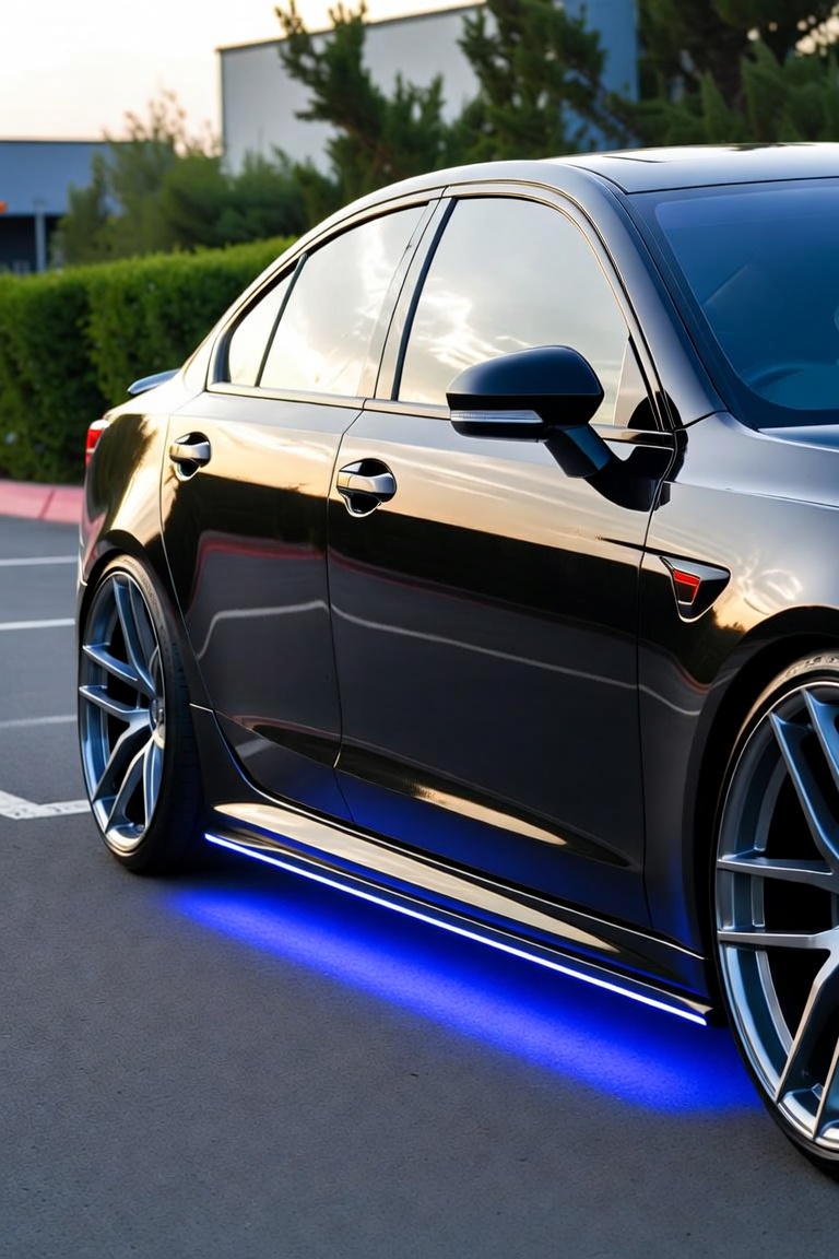 Black sedan with blue underglow along the rocker panel